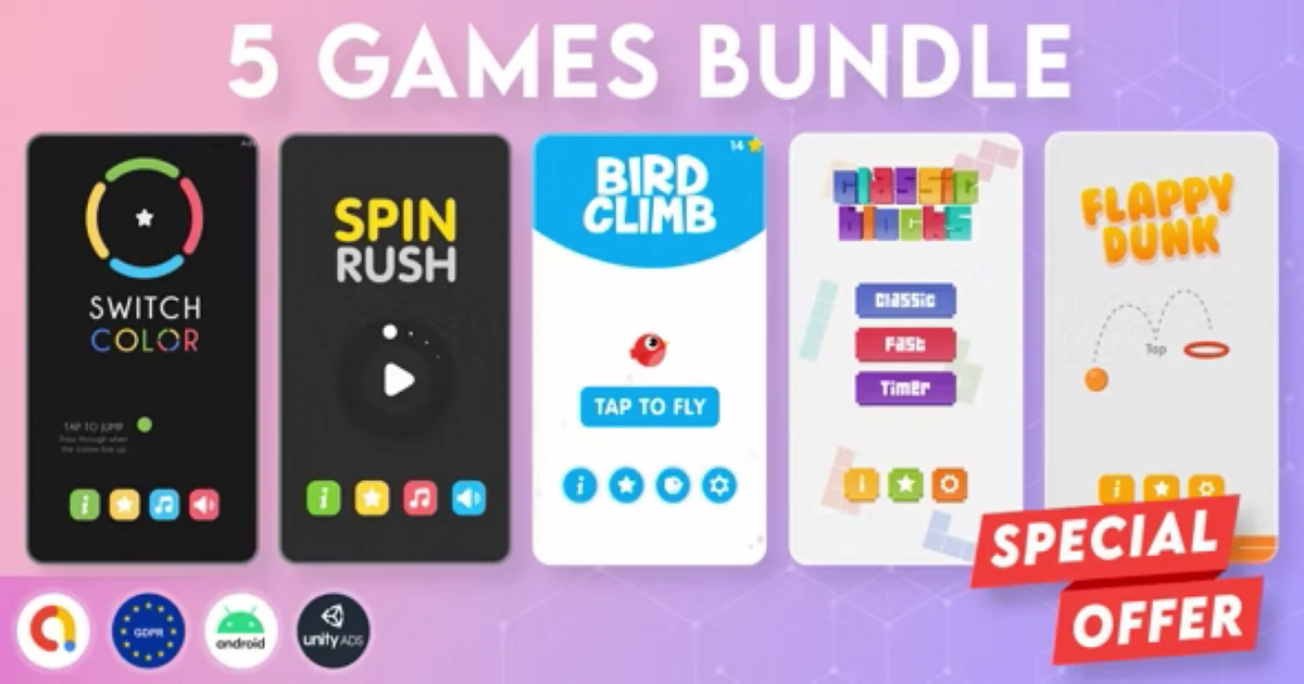 Premium Best BUNDLE 5 GAMES | Admob + GDPR + Unity Ads - Codeintra
