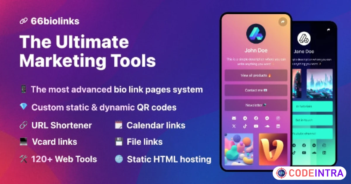 Product featured image 66biolinks - Bio Links, URL Shortener, QR Codes & Web Tools (SAAS) - Codeintra