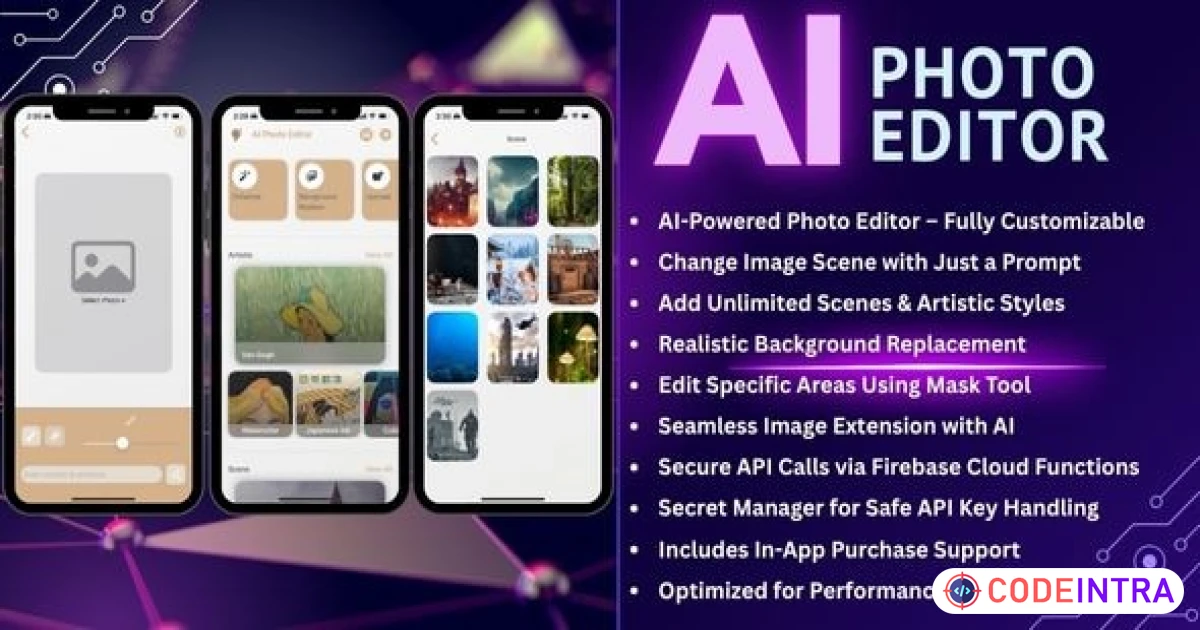 Product featured image AI Photo Editor iOS App – SwiftUI with Ideogram & RunwayML, AI Enhancer, Extend, background replace - Codeintra