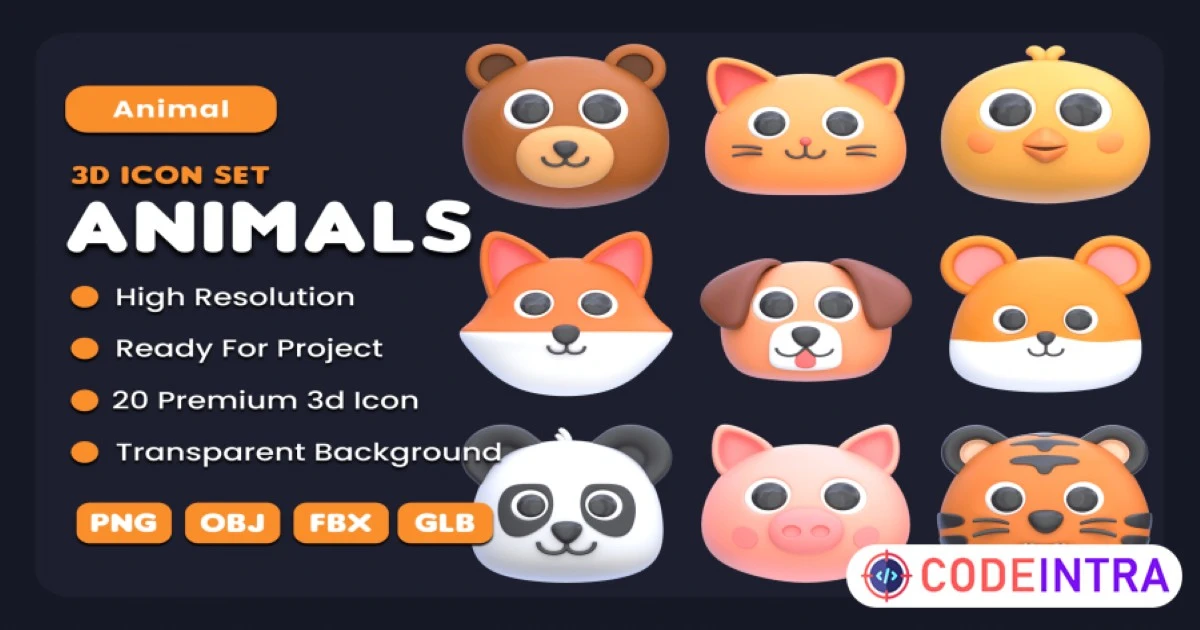 Animals 3D Icon Premium PNG Set of 20 - Codeintra