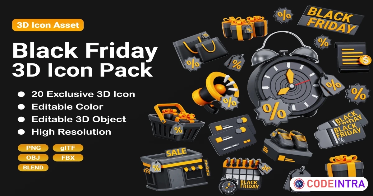 Black Friday 3D Icon Set Premium HD Design - Codeintra
