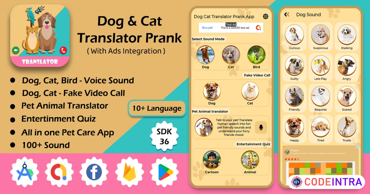 Product featured image Dog And Cat Translator Prank Android App - Codeintra