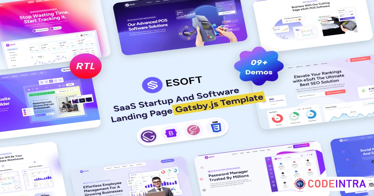 Product featured image eSoft - Gatsby.Js SaaS Startup & Software Landing - Codeintra