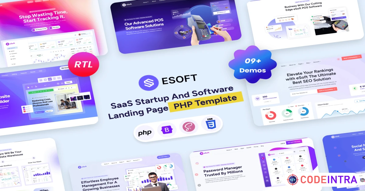 Product featured image eSoft - SaaS Startup Software PHP Landing Template - Codeintra