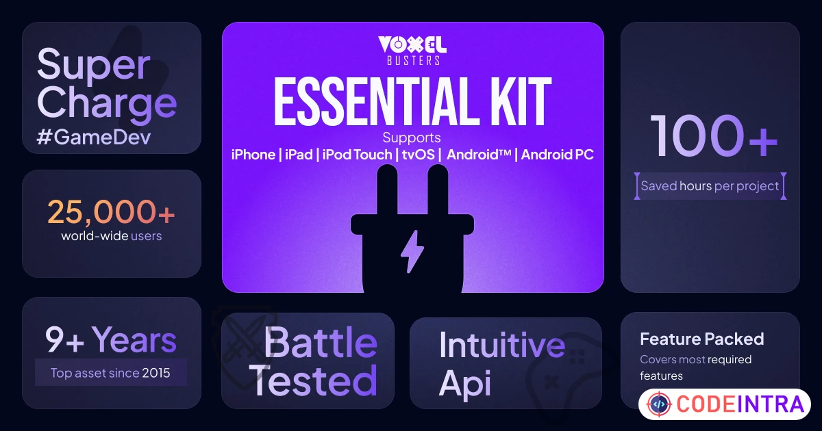 Product featured image Essential Kit V3 - IAP, Leaderboards, Cloud Save, Notifications, Gallery & More | Integration | Unity Assets - Codeintra