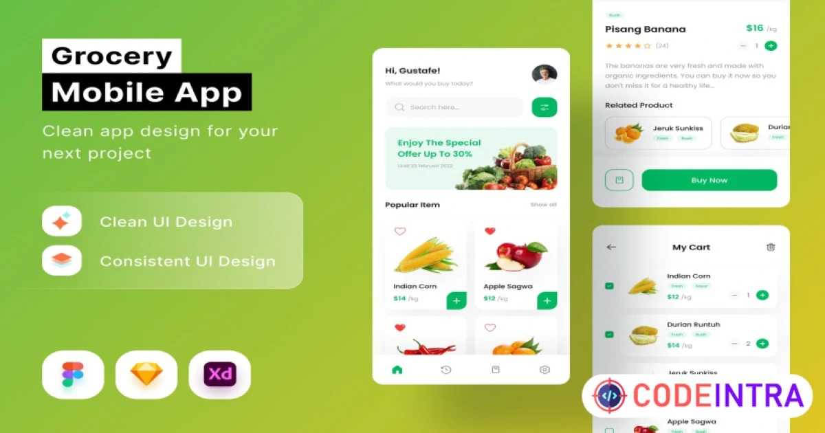 Product featured image Grocery Mobile App Design in Figma, Skecth and XD - Codeintra