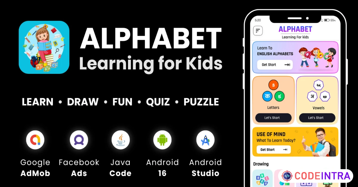 Product featured image Kids Alphabet Learning AdMob FB Ads Android - Codeintra