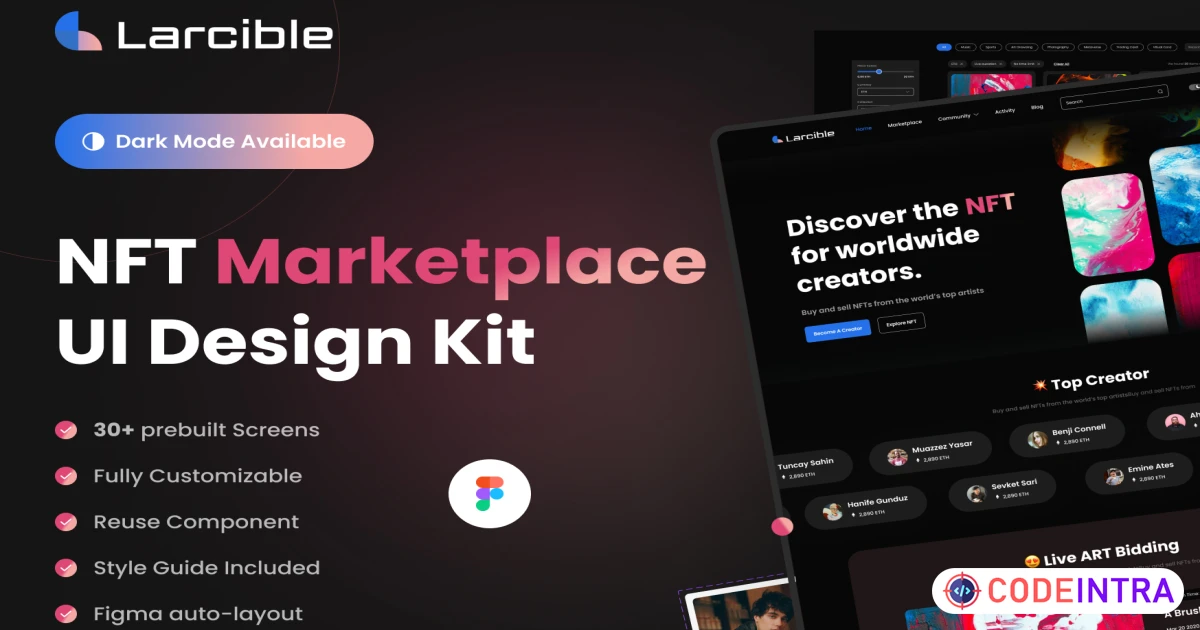 Product featured image Larcible - NFT Marketplace Website - UI Kits - Codeintra