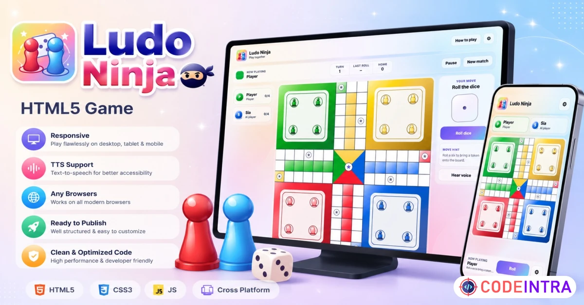 Product featured image Ludo Ninja – Ludo Game with AI, Local Multiplayer & PWA Ready - Codeintra
