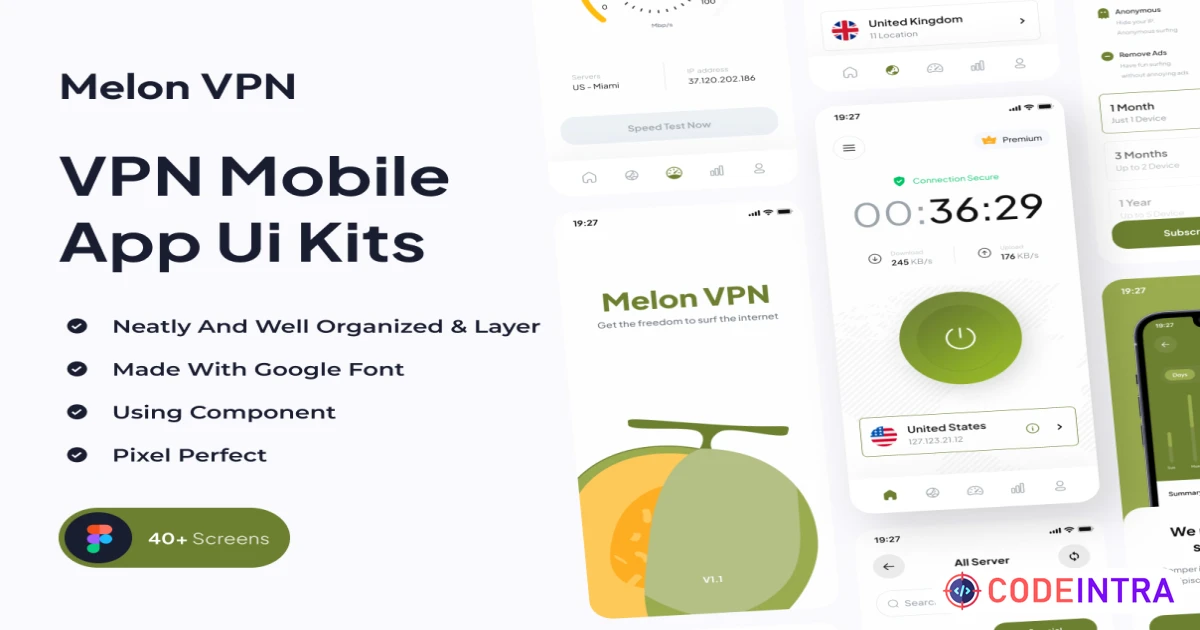 Product featured image Melon VPN  - VPN Mobile App UI Kits - Figma Resources - Codeintra