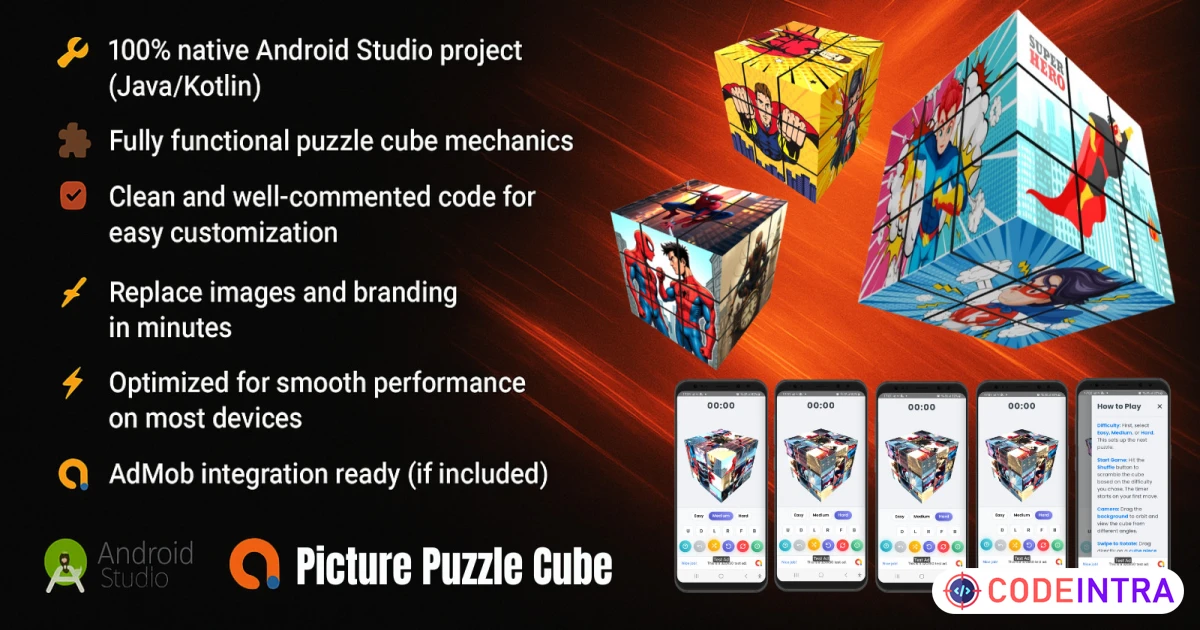 Product featured image Picture Puzzle Cube Game – Android Source Code - Codeintra