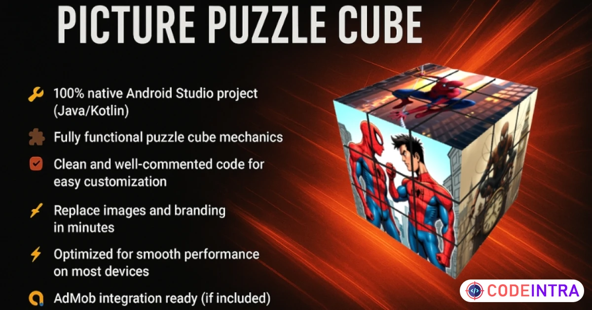 Product featured image Picture Puzzle Cube Game – Android Source Code - Codeintra