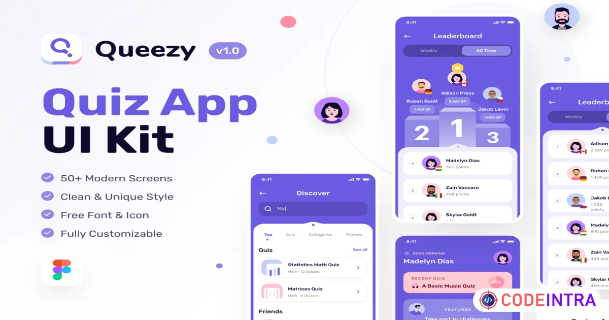 Product featured image Queezy - Quiz App UI Kit - UI Kits - Codeintra