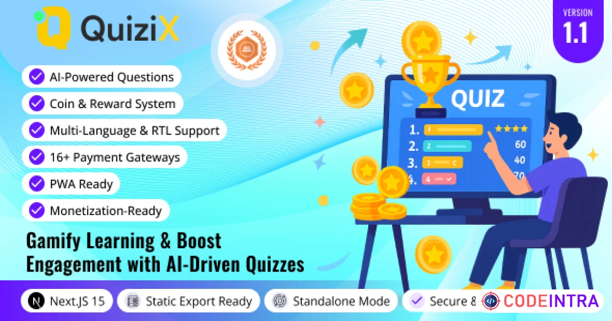 Product featured image QuiziX – AI Quiz & Trivia Game | Laravel + Next.js Gamified Quiz Platform - Codeintra