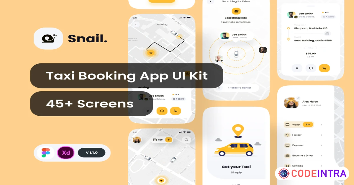 Product featured image Snail Taxi booking app UI Kit - Figma Resources - Codeintra