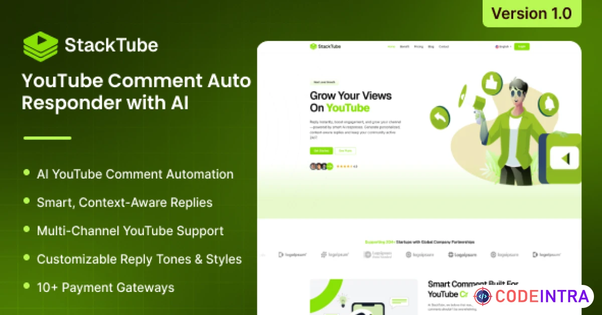 Product featured image StackTube - YouTube Comment Auto-Responder with AI - Codeintra