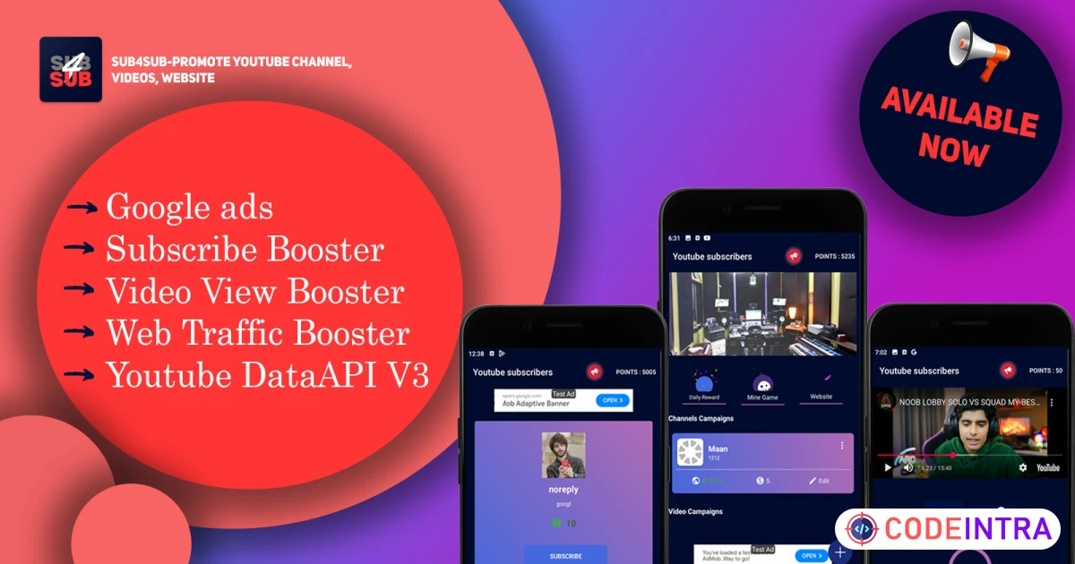 Product featured image Sub4Sub Android Studio App Source Code - Codeintra