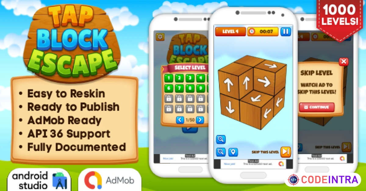 Product featured image Tap Block Escape - Puzzle Game Android Studio Project with AdMob Ads + Ready to Publish - Codeintra