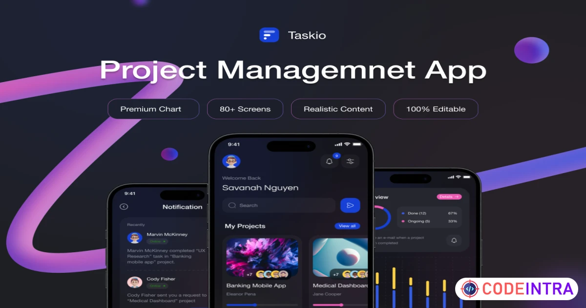 Product featured image Taskio - Project Managemnet Mobile UI Kit - Figma Resources - Codeintra