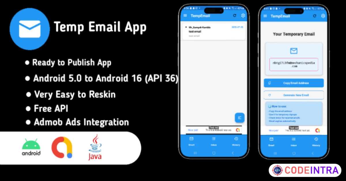 Product featured image TempEmail - Temporary Email Android Source Code - Codeintra