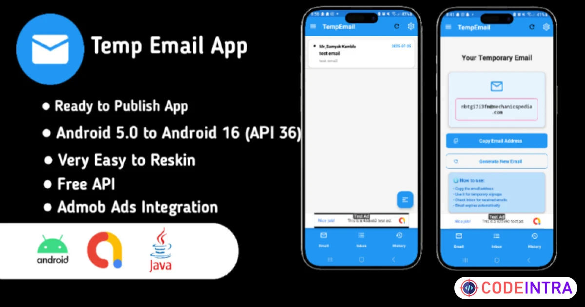 Product featured image Temporary Email Android Studio Source Code - Codeintra
