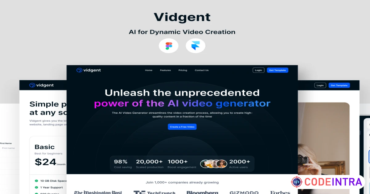 Product featured image Vidgent - Framer Website Template - Figma Resources - Codeintra
