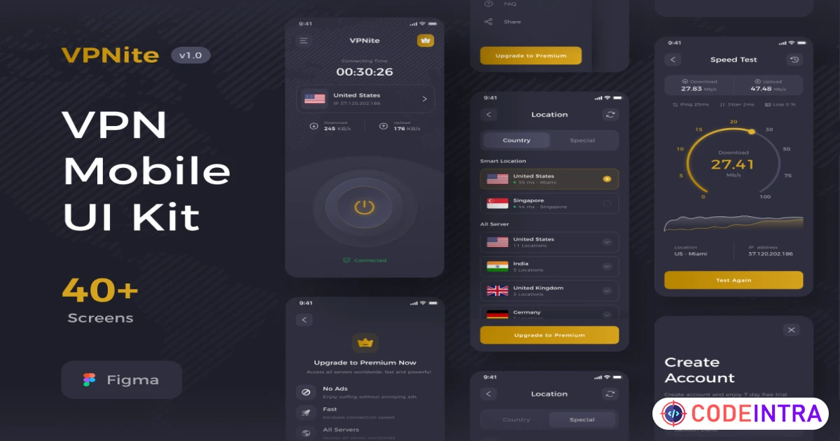 Product featured image VPN Mobile UI Kit - Figma Resources - Codeintra