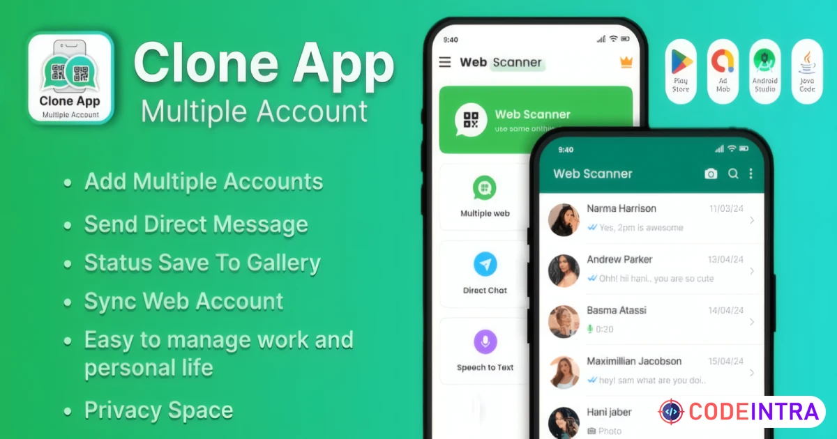 🔗 WhatsClone Pro - Multi-Account Android App Source Code Ready for Customization 🚀 - Codeintra