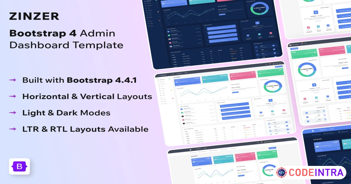 Product featured image Zinzer – Bootstrap 4 Responsive Admin Dashboard - Codeintra