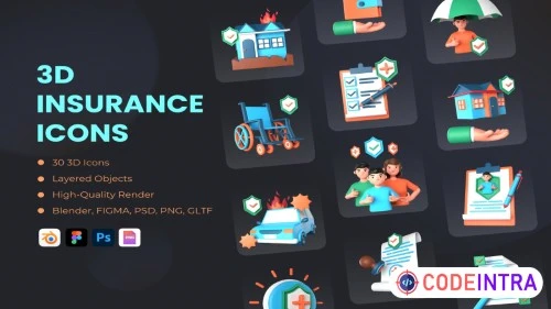 3D Insurance Icons in 5 Formats Pack of 30