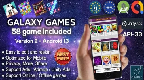 Galaxy Games Android Studio App With 58 Games Includes