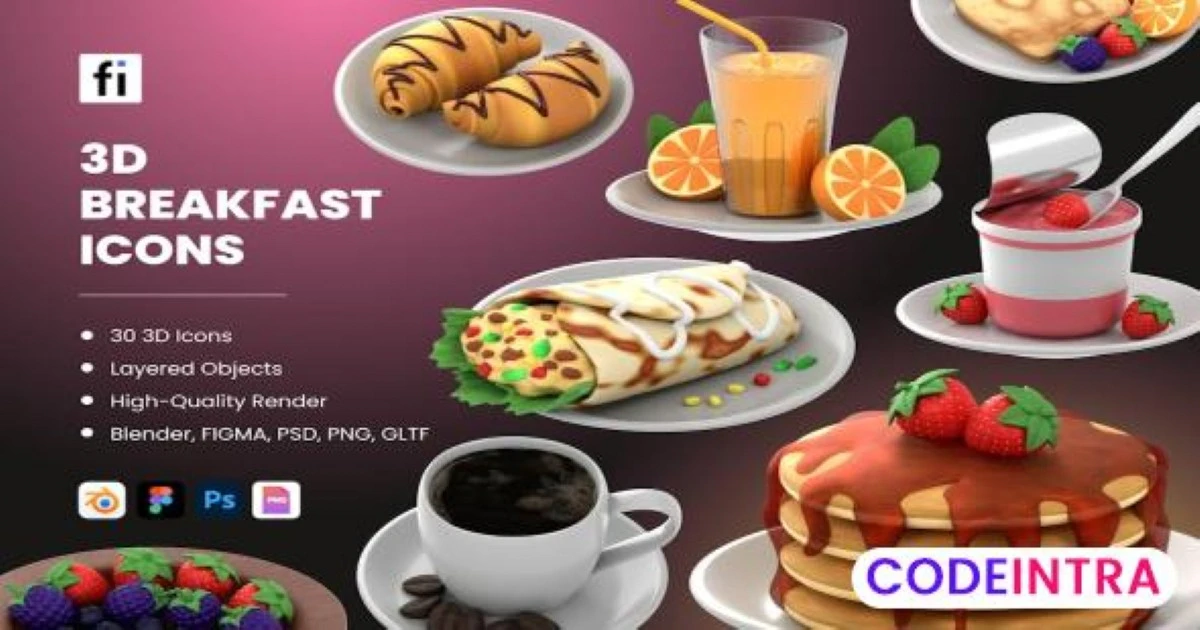3D Morning Meal Icon Set - Codeintra